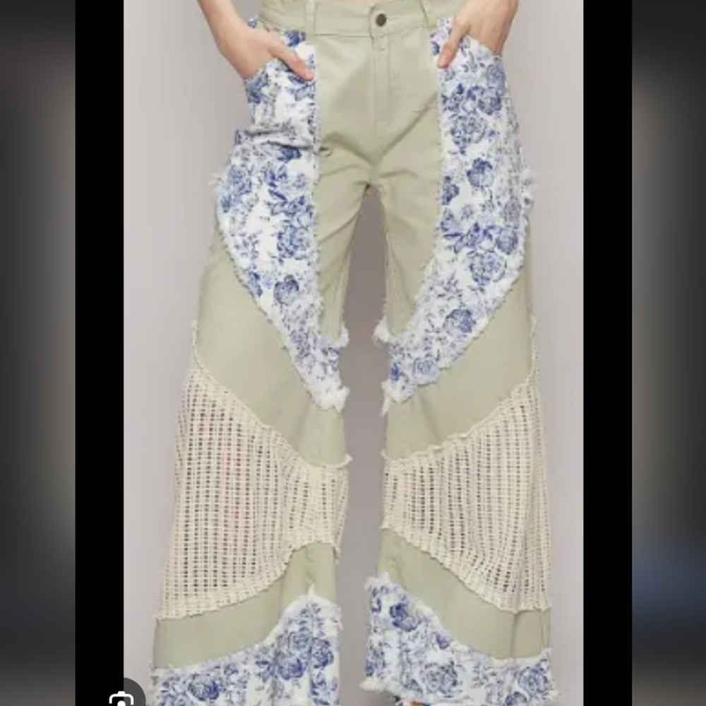 POL Floral Patchwork Pants Womens M Green Ivory Blue Floral Trousers Sparkle 7